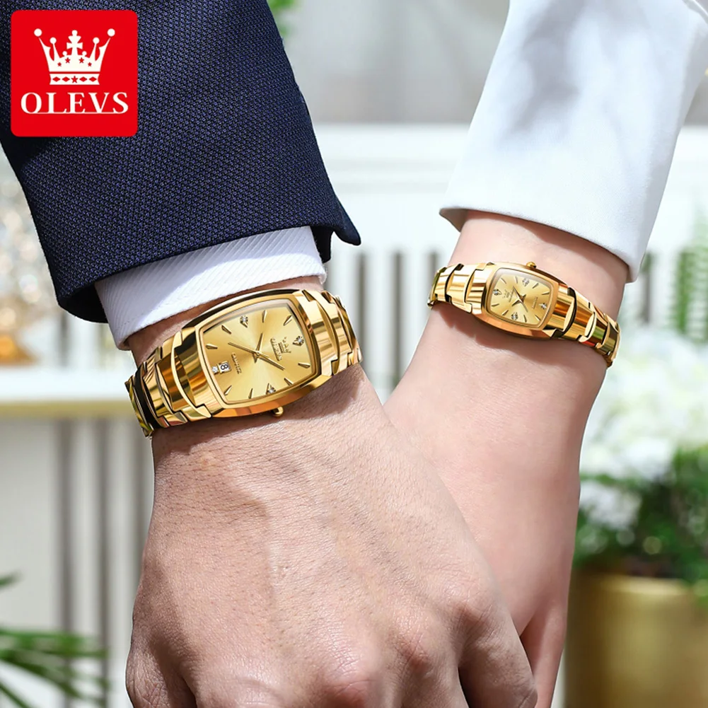 OLEVS Couple Watches for Men and Women Luxury Golden Tungsten Steel Wrist Watch Waterproof Date Couple Watches relojes de pareja