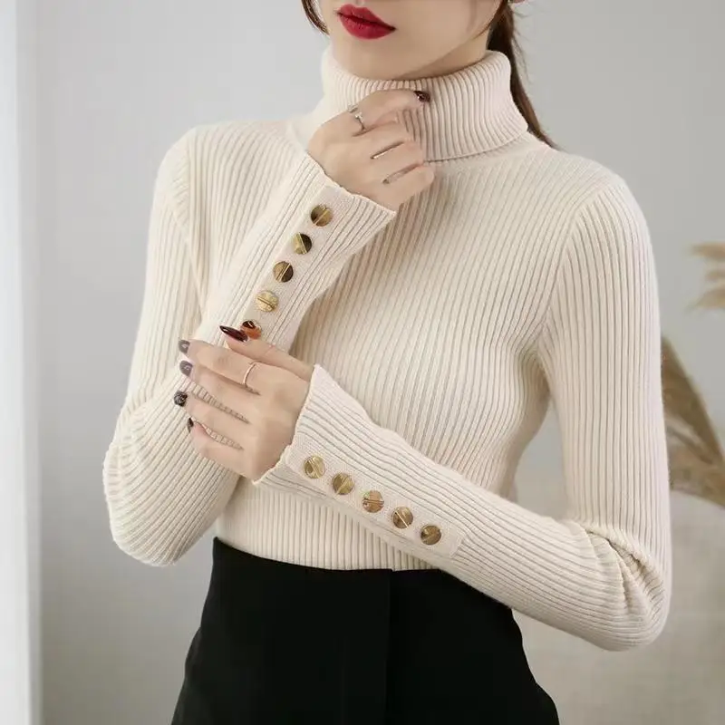 売れ筋商品|||ケネスコール ニット&セーター アウター レディース Women's Button-Sleeve Mock Neck Sweater White 2025 Knitted Turtleneck Women Sweater Button Long Sleeve