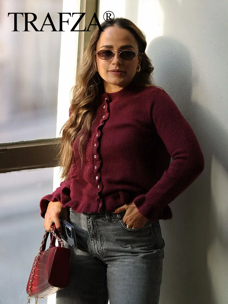 TRAFZA Female Elegant Warm Single Breasted Casual Sweater Women's Winter Fashion Stacked Decorative Knitted Long Sleeve Cardigan 6