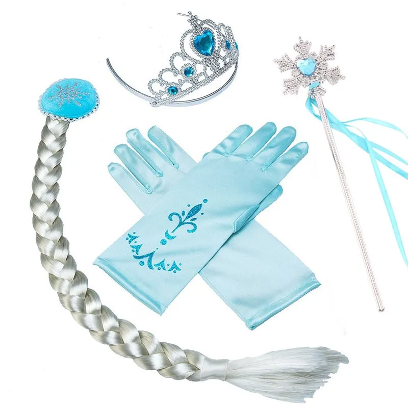 Girls Elsa Anna Accessories Set Kids Party Princess 4 Piece Set Snow Queen Snowflake Magic Wand Tiara Crown Gloves Wig Braid