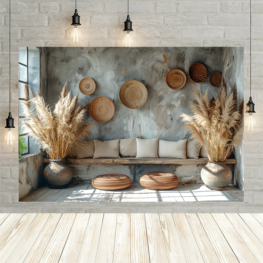 식물 천국 햇볕이 잘 드는 서부 보헤미안 스타일의 벽과 무성한 녹색 식물 실내 사진 촬영 맞춤 배경 사진 스튜디오