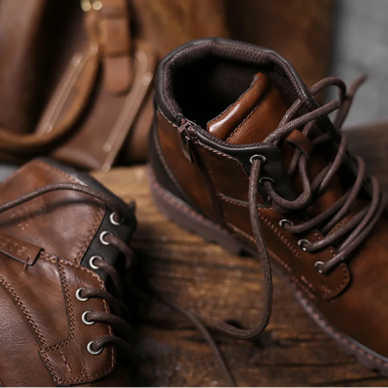 Men Ankle Boots Plus Size Fashion High Top Leather Shoes Autumn Outdoor Work Casual Shoes Motorcycle Boots Brown men chelsea boots men training boots