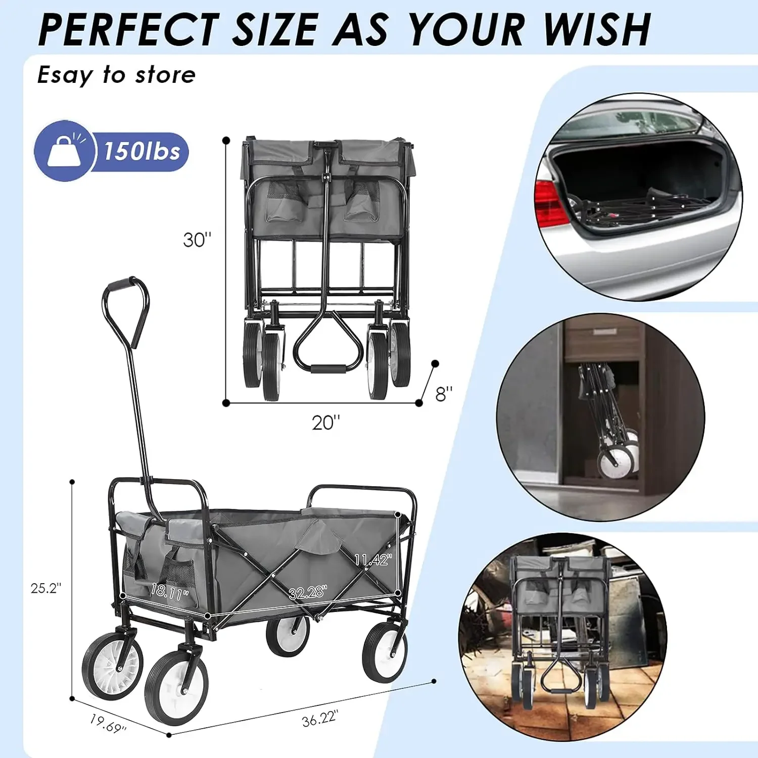 Collapsible Folding Wagon Garden Cart Beach Grocery Wagon for Shopping Park Picnic, Beach Trip, Outdoor Activities, Camping