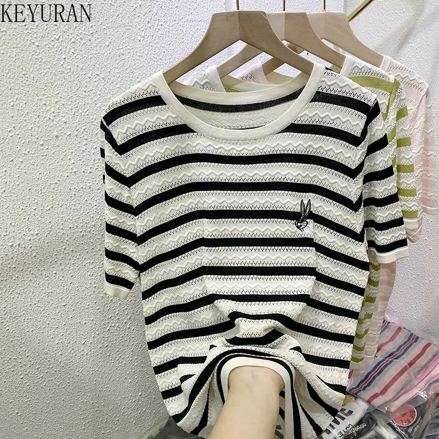

2023 Summer New Striped Ice Silk Kntted Tshirt Sweater Women's Embroidery Short Sleeve Thin Pullovers Knitwear Tops Female Tees