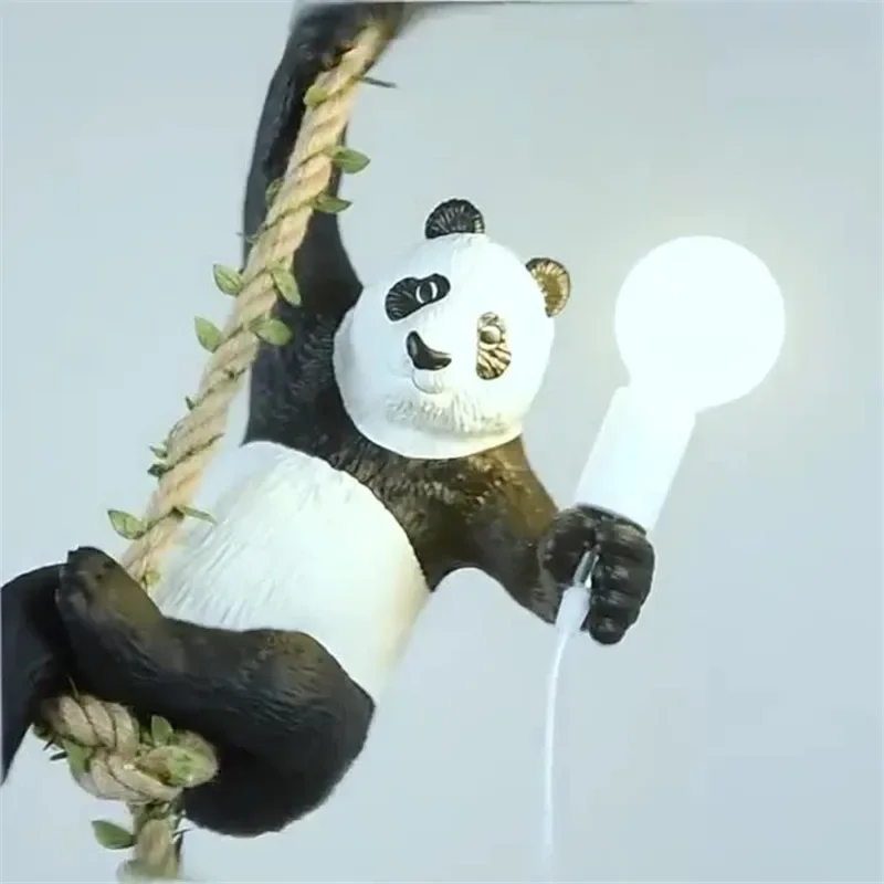 Indoor Lighting Vintage Resin Panda Pendant Light Loft Hemp Rope Hanging Lamp Fixture Home Decor Luminaire Suspension Chandelier - 3