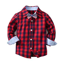 Spring Autumn Long Sleeve Shirts Boys Gentlemen Bow Tie Shirts Formal Tops Coat Outwear Red Plaid Shirts Blouse Tops For Youth