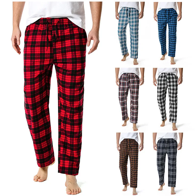 RedBlackPlaidPajamaPantsMenLoungingRelaxedHousePJsSleepBottomsMensFlannelCotton