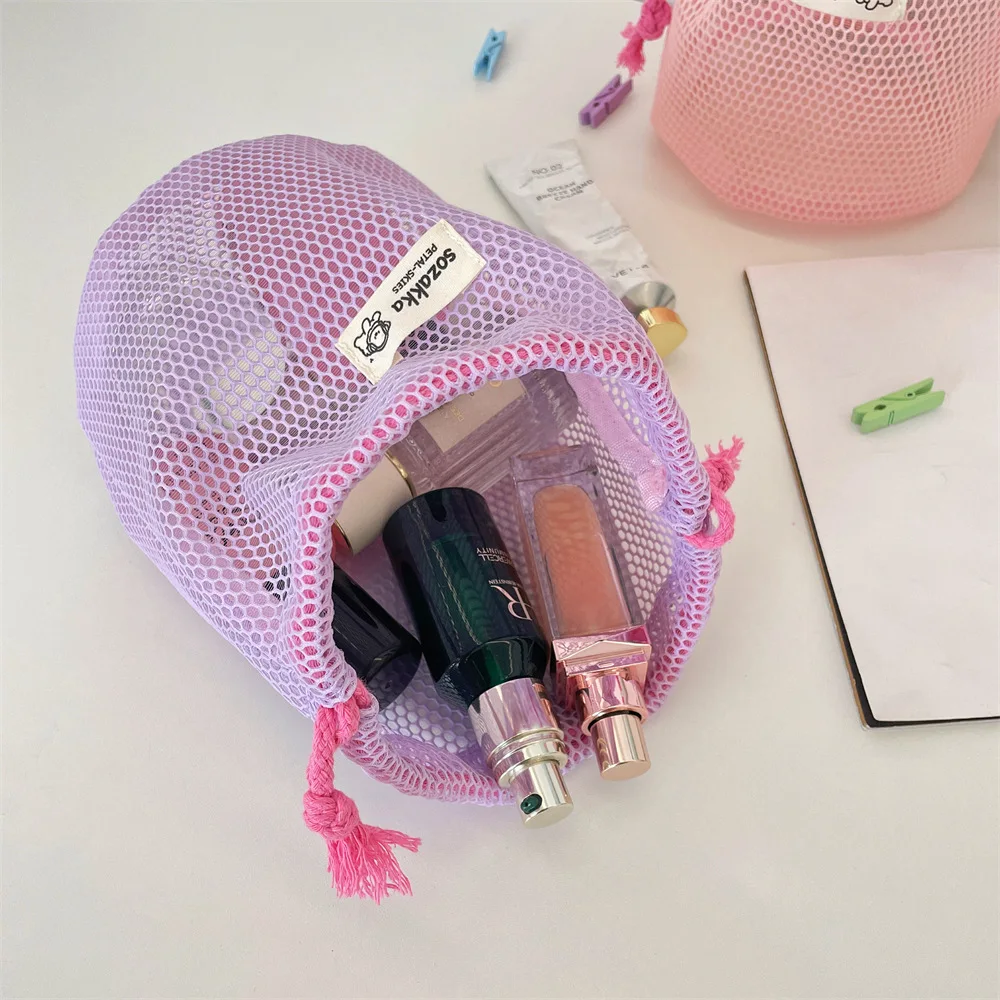 Woven Label Candy Colors Visible Mesh Beach Toy Storage Bag Portable Drawstring Makeup Brush Holder Bag for Girls