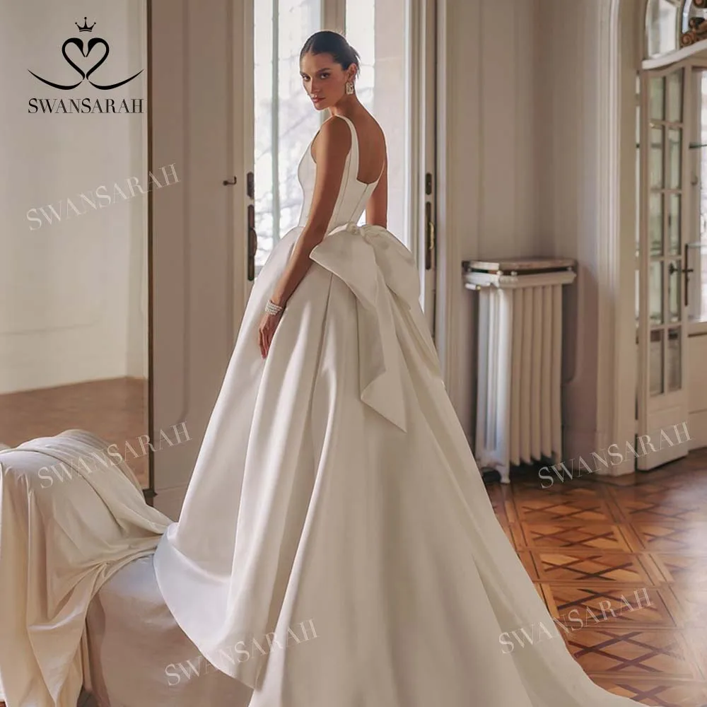 Sleeveless Satin A-Line Wedding Dress 2025 Square Collar Split Bow customized Bride Gown SwanSarah W274 Vestido De Novia 5