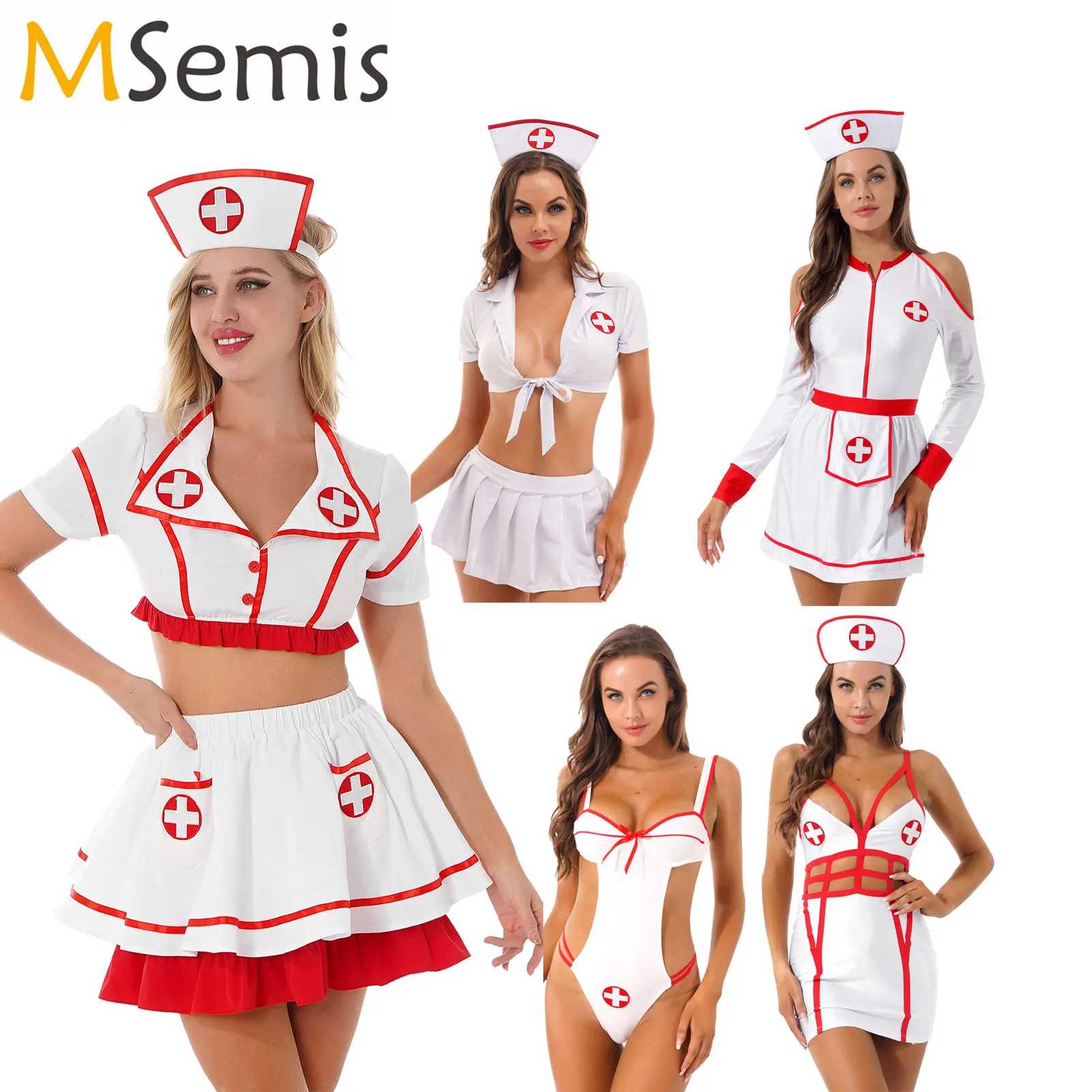 

Sexy Lingerie Baby Doll Dress Women Erotic Nurse Costume Hollow Out Lingerie Porno Halloween Cosplay Surgical Uniform with Hat