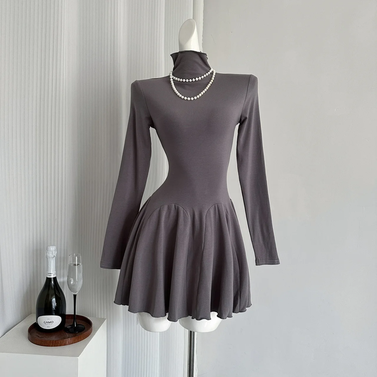 Otoño Nuevos Vestidos Mini Sólidos Para Mujer Cuello Alto Manga Larga Volantes Acampanados Casual Moda Coreana Ropa Femenina Vestidos Para Mujer