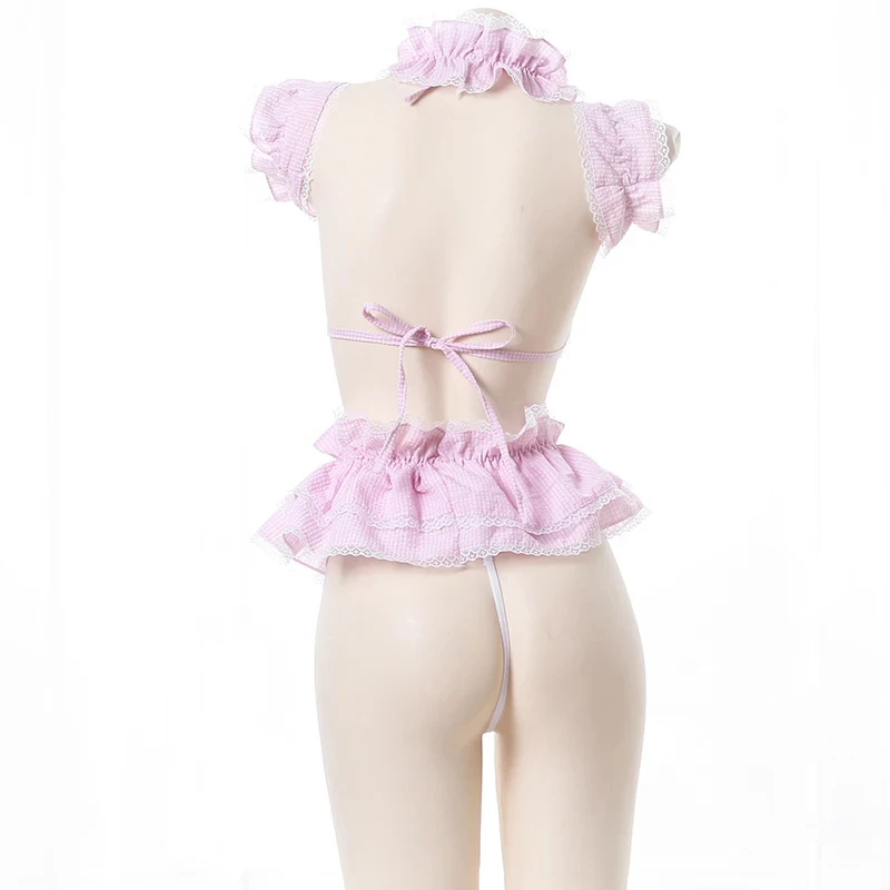 Anime Maid Cosplay Costume Pink Lace Bra PantiesMini Skirt Outfits Cute Lolita Uniform Student Role Play Sexy Lingerie