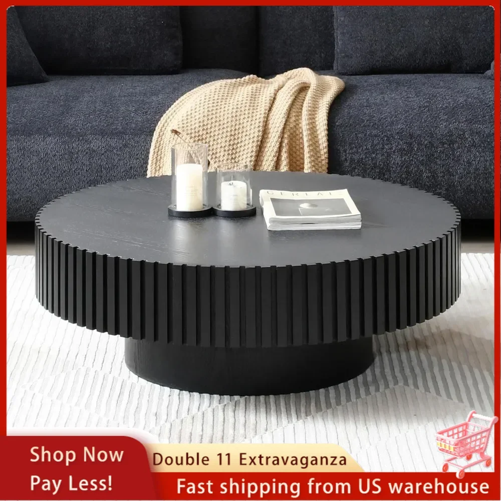 31.49'' Round Coffee Table Wood End Table for Living Room, Modern Contemporary Circle Fluted Drum Side Table, Easy Assembly
