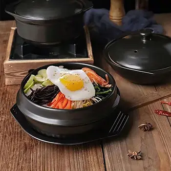16cm Size Casserole Clay Pot with Tray Heat-resistant Korean Stone Pot Non Stick Black Classic Bibimbap Cookware Commercial