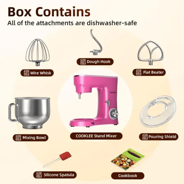COOKLEE Stand Mixer, 9.5 Qt. 660W 10-Speed Electric Kitchen Mixer with Dishwasher-Safe Dough Hooks, Flat Beaters 4