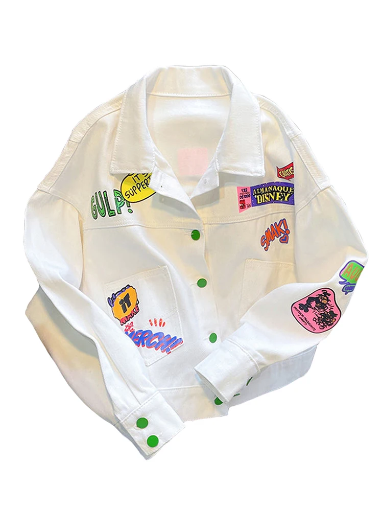 

Graffiti Print White Denim Coat For Women Korean Loose Casual Women's Jacket Casual Pocket Long Sleeve Female Jacket 2023 New