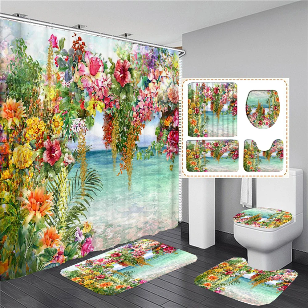 

180*180cm Shower Curtain Colorful Flowers Plants Bathroom Curtains Set Bath Mats Rugs Toilet Lid Cover Anti-slip Pedestal Carpet