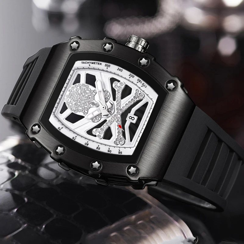 

Luxury Watch for Men Skull Diamond Sports Wristwatch Calendar Window Watches Tonneau Clock Unique Design Male Relogio Masculino