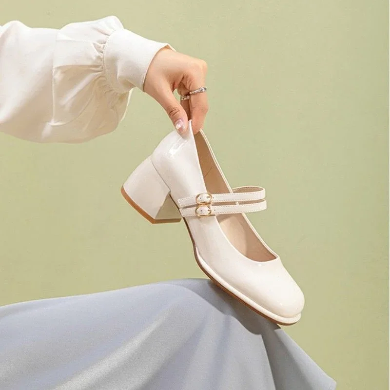 College Style Mary Jane Shoes for Women Big Size Belt Buckle Women Small Leather Shoes Shallow Thick Heels Women High Heels New