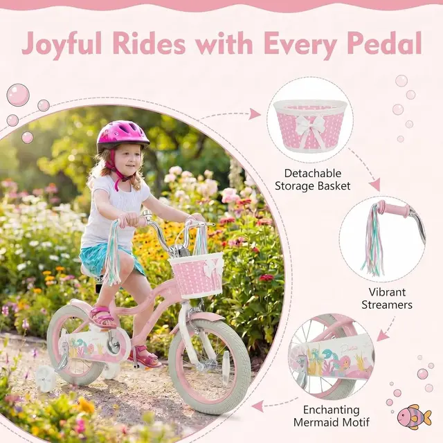 Children's Bike, Toddler Bike with Training Wheels, Streamers, Basket, Handbrake & Rear Brake, Suitable for 3+ Years Old Boys &