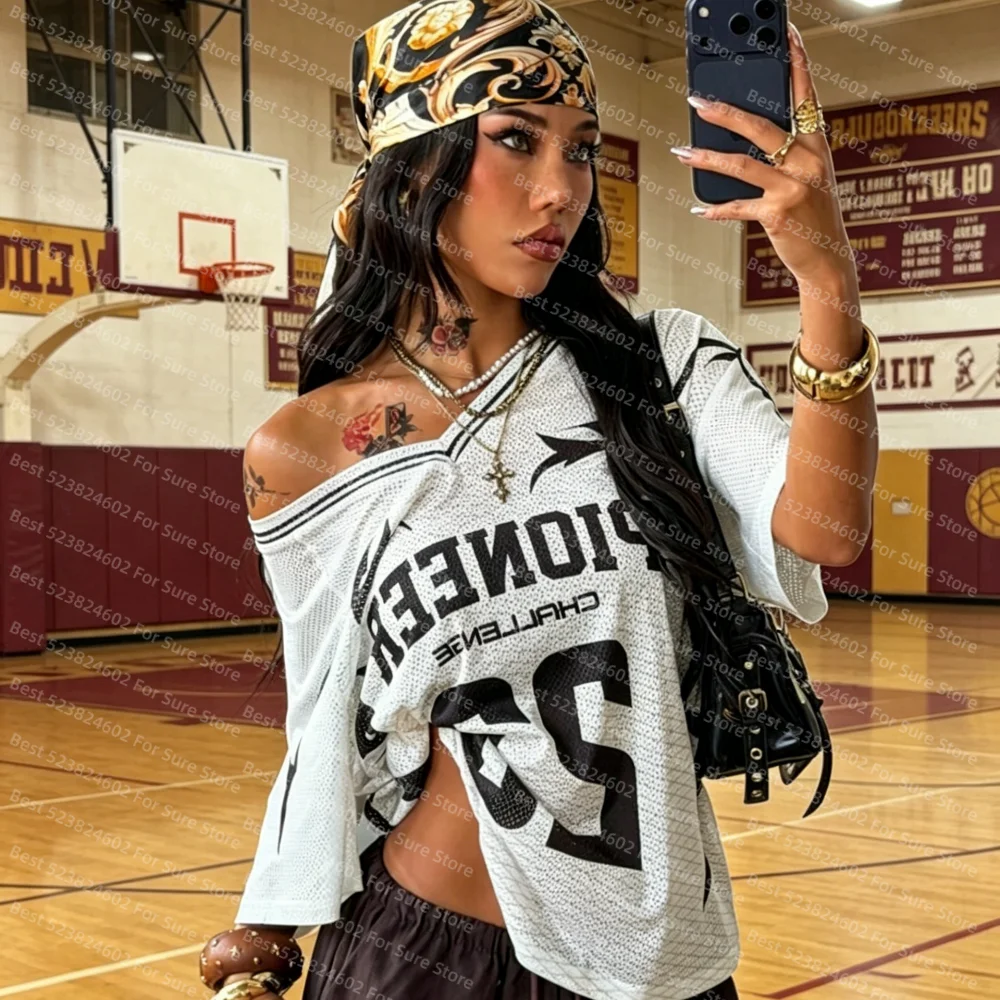 Y2K 2000er Off-Shoulder Mesh Jersey Tops Damen Lässige Lockere Kurzarm-T-Shirts mit Schriftzug Vintage Streetwear Sexy Sport-Tops