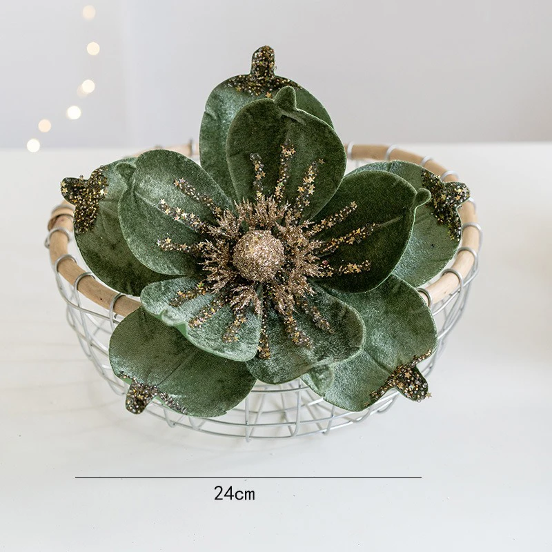 thumbnail image 1 of Flor artificial de Navidad con purpurina, 24 cm, color rojo, verde y dorado, para decoración de árboles de Navidad, de tela de terciopelo de alta calidad, cabeza de flor grande falsa, 1 unidad, 1 of 5