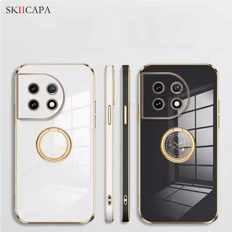 Enhanced Plating Silicone Lanyard Phone Case with Ring Holder - Soft Back Cover