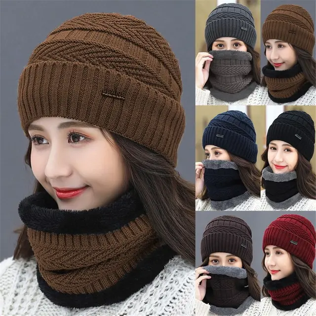 Men Women Winter Beanie Hat Scarf Casual Thermal Fleece Knitted Hat Soft Warm Balaclava Wool Neck Warmer Scarf Cap 1