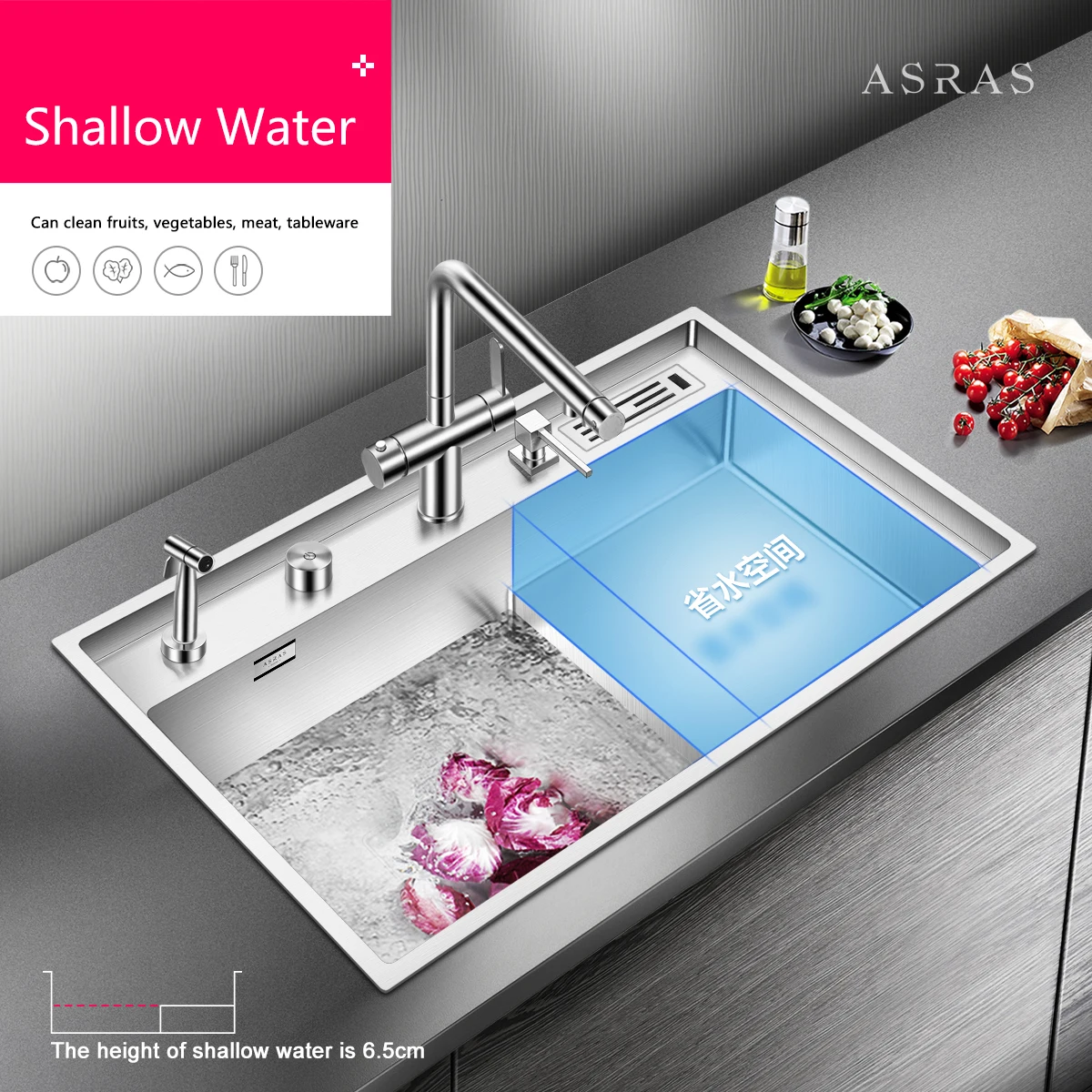 ASRAS 7245J Large Size Kitchen Sink 304 Stainless Steel Sinks Above Counter or Undermount