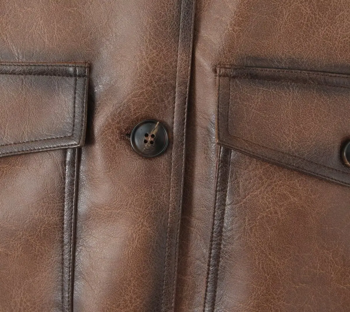 Withered French Fashion High Street Vintage Washed Leather Jacket with Lapel Pockets Brown Motorcycle Leather Coat Women