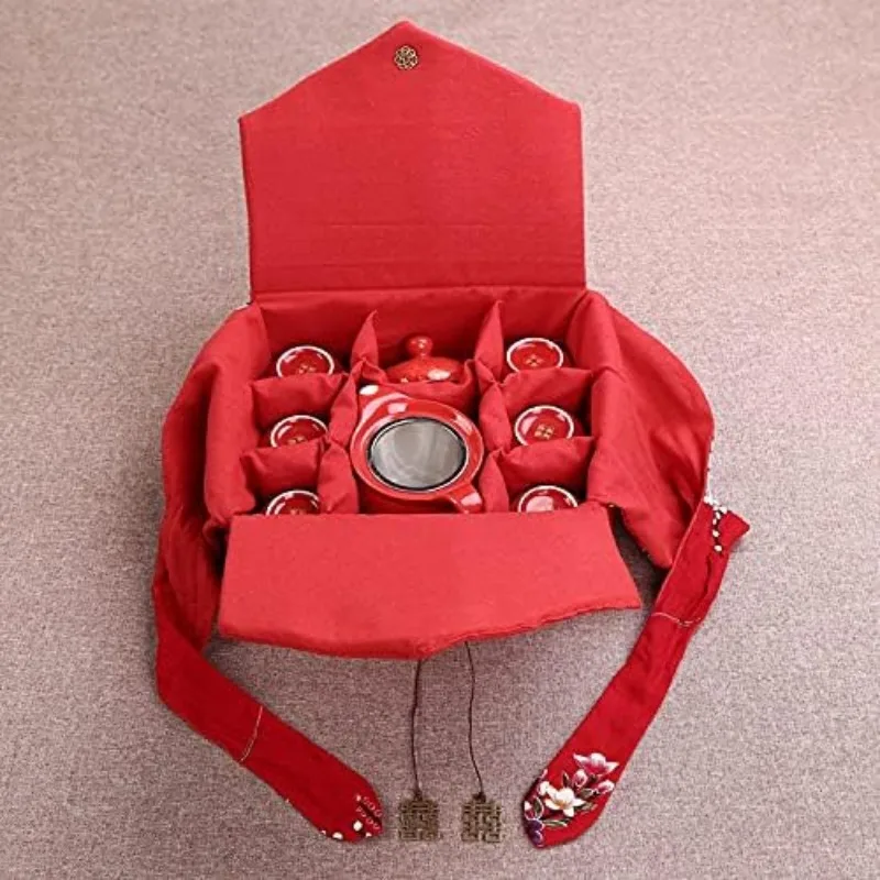 Chinese Traditional Wedding Decoration Supplies Double Happiness Porcelain Tea Set Teapot and Tea Cup 7 Pcs, Red Wedding