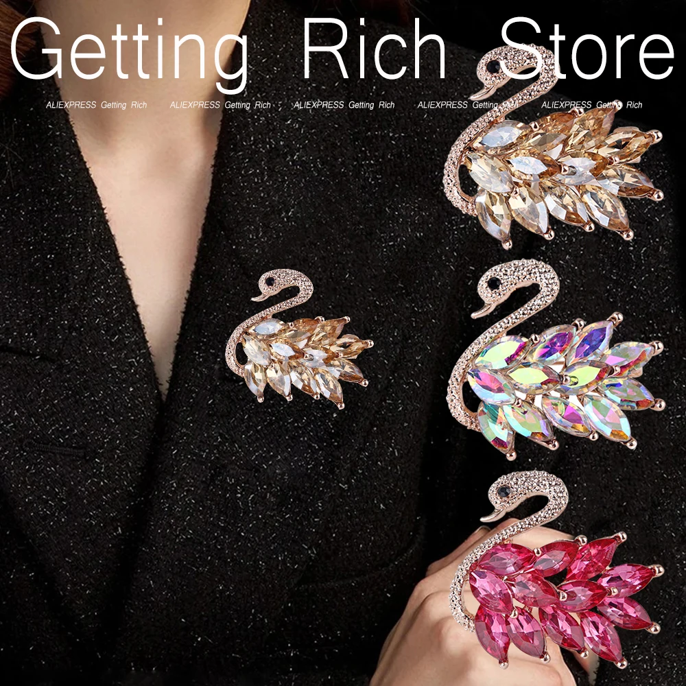 14K Gold Swan Brooch With Moissanite - Sparkling Crystal Corsage, Elegant Coat Or Dress Accessory