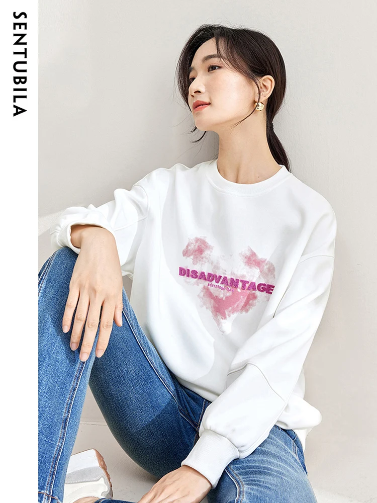 

SENTUBILA Letter Print Crewneck Knitted Sweatshirt Women 2024 Spring Casual Loose Long Sleeve Simple Contrast Lady Top W33A51466
