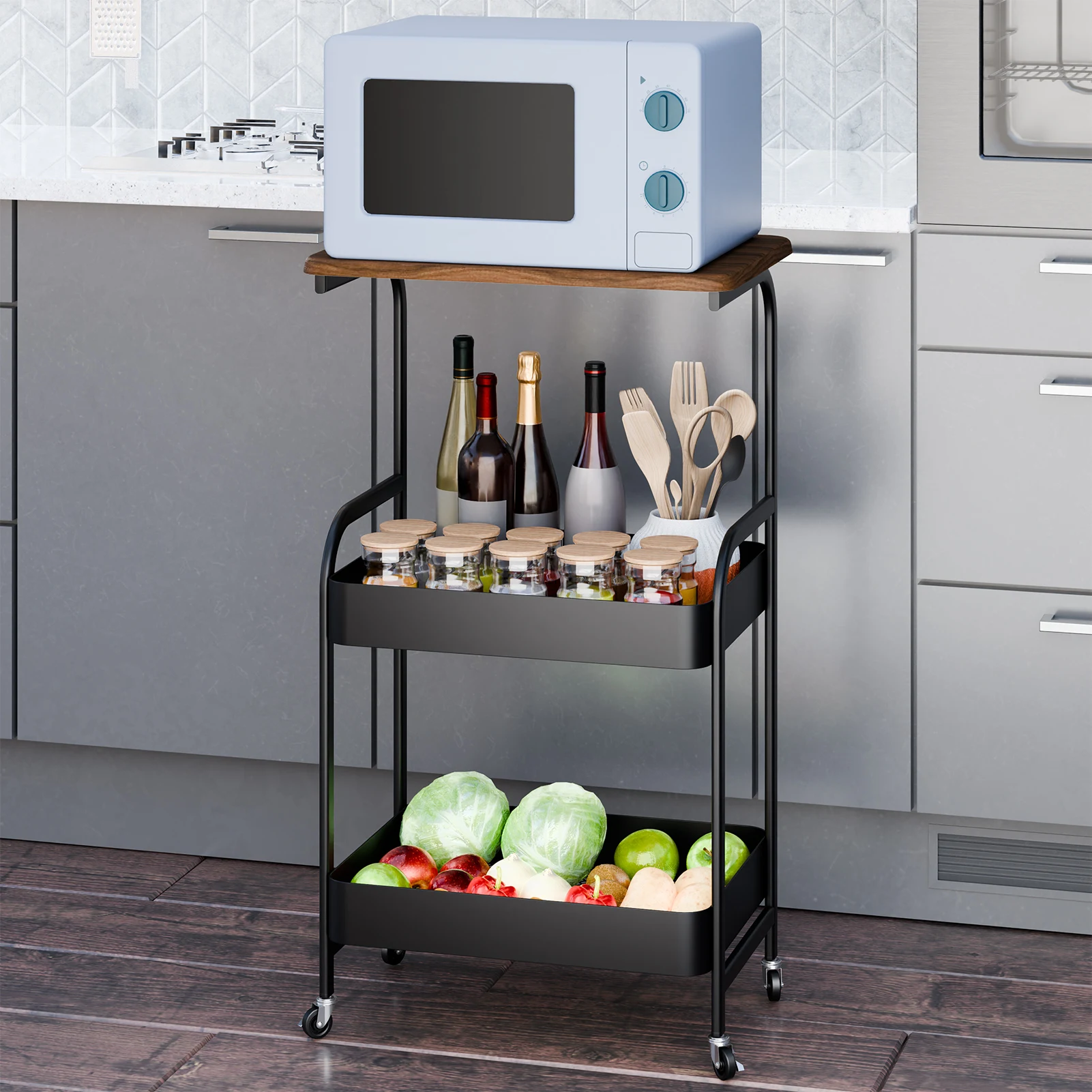 3 Tiers Trolley Rack Kitchen Bedroom Snacks Mobile Bathroom Basket Kitchen Storage Rack Vegetable Fruit Microwave Organizer