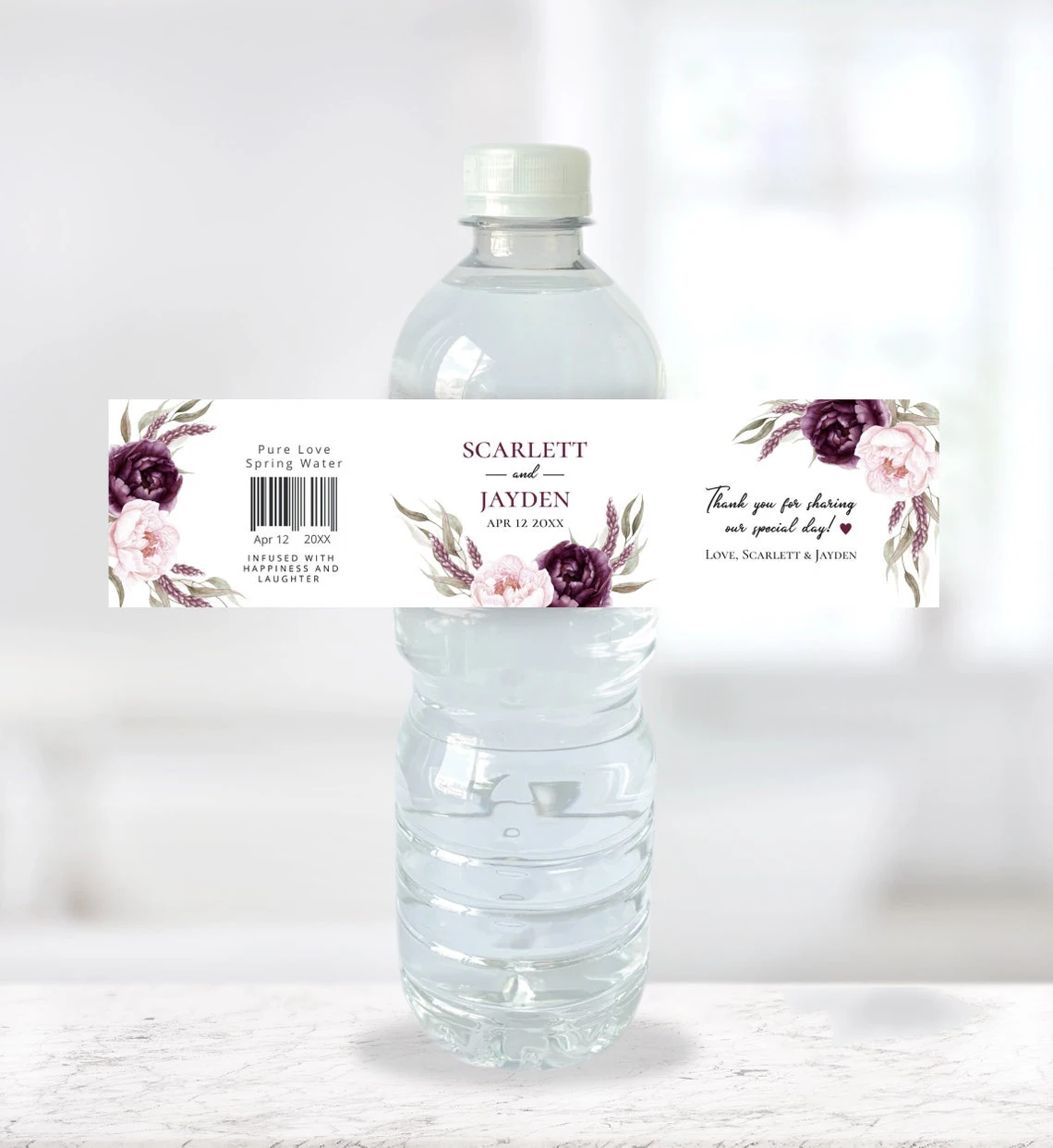 thumbnail image 1 of 30 piezas, etiquetas personalizadas con diseño floral para botellas de agua de boda, pegatinas, cumpleaños, aniversario, impermeables, 1 of 5