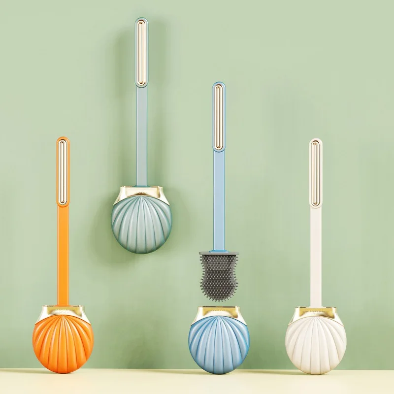 Silicone Toilet Brush Long Handle Flat Toilet Brush With Shell Shape Bracket Dead Angle Cleaning Free Punch Bathroom Accessories