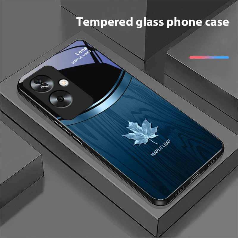 Wood Grain Maple Leaf Tempered Glass Black Phone Case