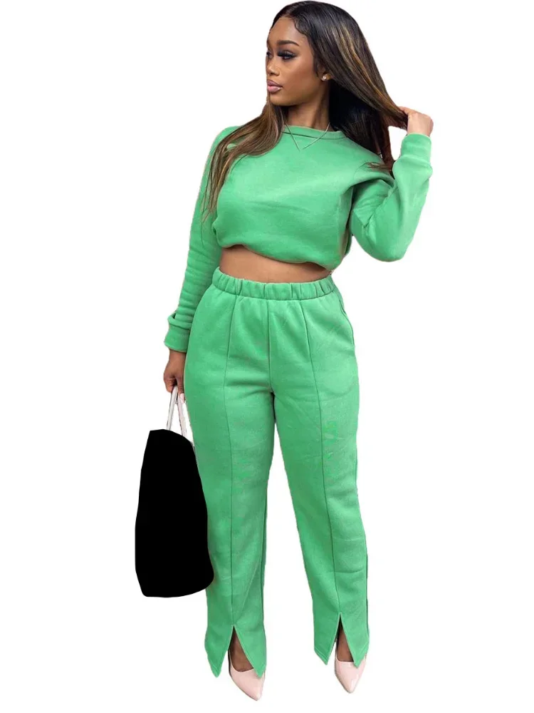 

WUHE Casual Women's Pullover Sweatshirt and Slit Flare Pants Suit Sport Fashion Fall Two 2 Piece Set Streetwear Outfit Tracksuit