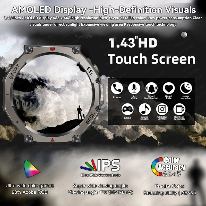 Military Smart Watch T-Rex 3 Bulit-in GPS Compass Altimeter Barometric 10 ATM IP69K Waterproof AMOLED Bluetooth Call Smartwatch 4