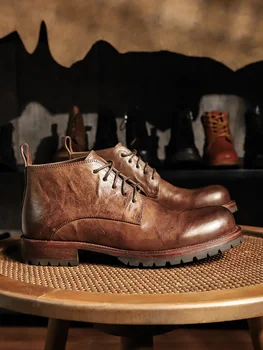 American Retro Work Boots Genuine Leather Handmade Men Ankle High-top Boots Outdoor Hiking Work Shoes Premium Motorcycle Boots