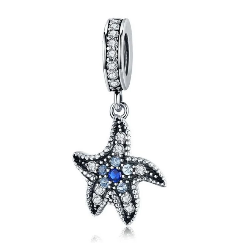 La Menars 925 Sterling Silver Charms Jewelry  Blue CZ Starfish Pendant Charm Fit for Women Original Necklace Bracelet