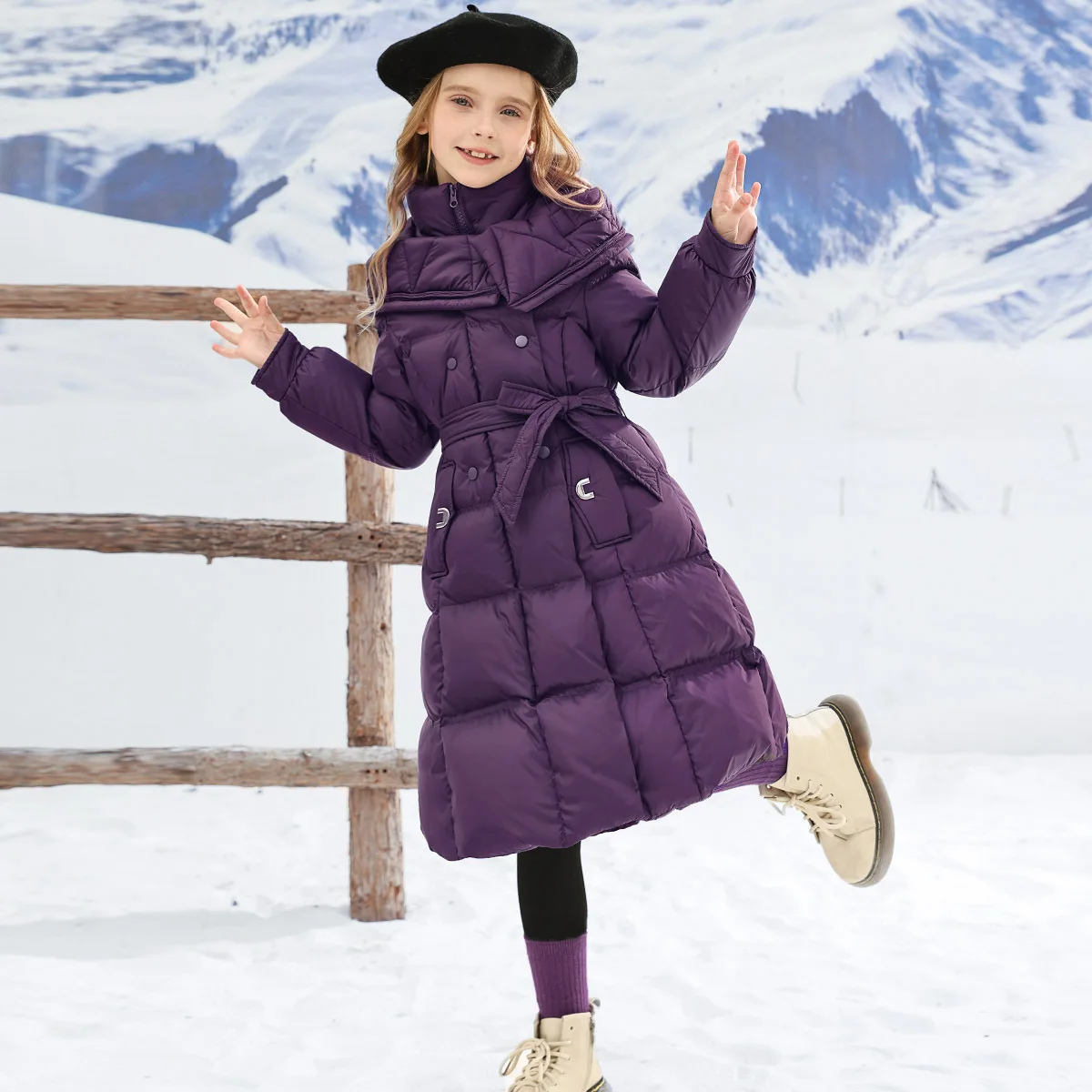 Winter Warm Cotton Padded Girls Solid Coat Waterproof Large Lapel Clothes Waist Belt Children Outwear Parkas Snowsuit TR152