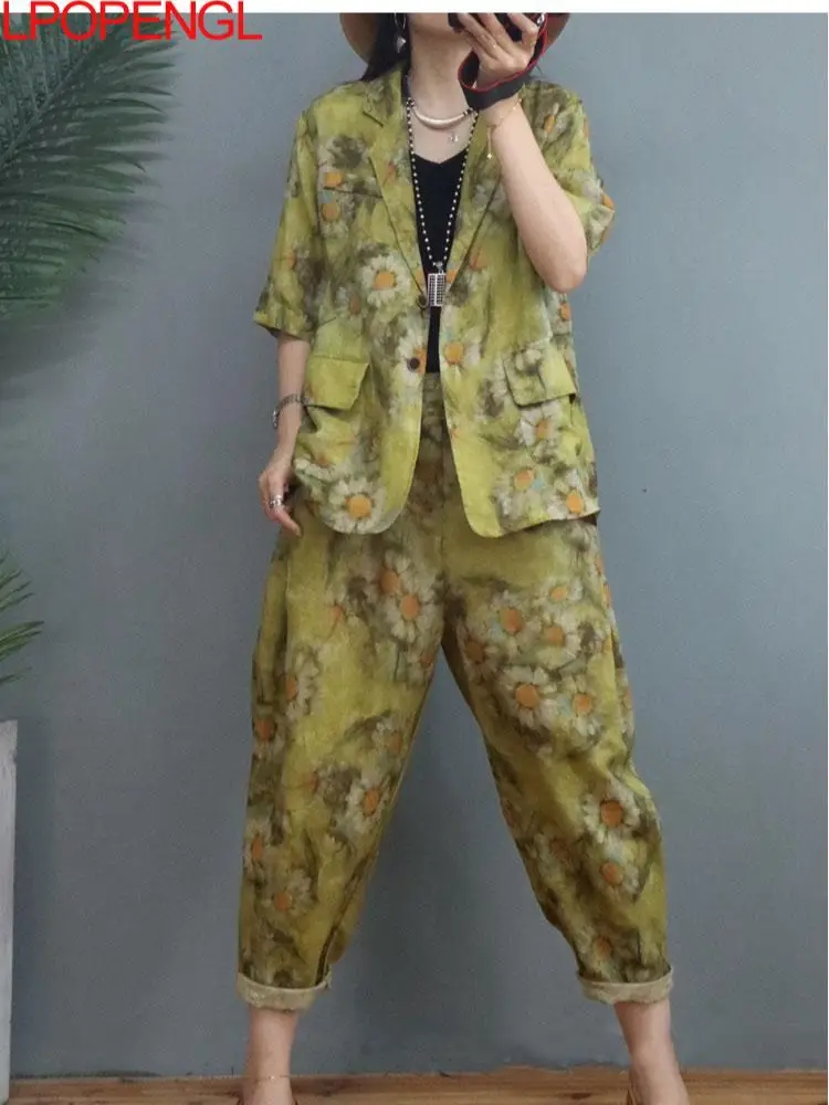 Spring And Summer Women's Ethnic Style Suit Retro Cotton And Linen Printing Single Breasted Coat Calf-length Pants Two-piece Set