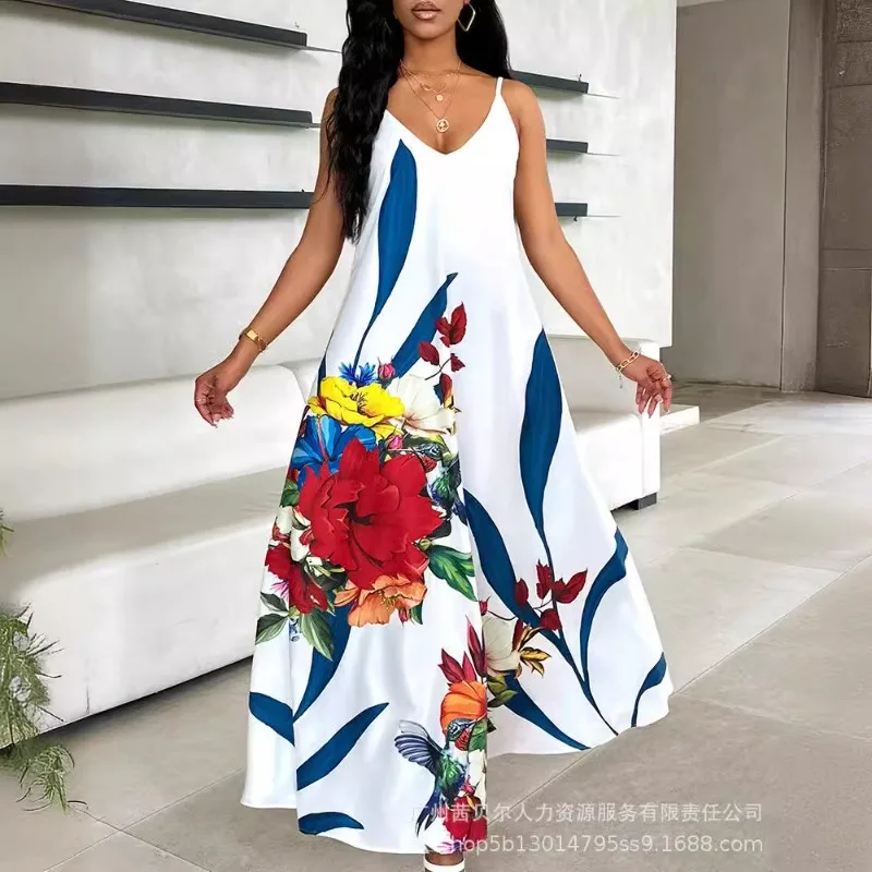 

2024 Spring Summer New Women's Clothing Positioning Printed V-neck Fixed Dress-with Pockets