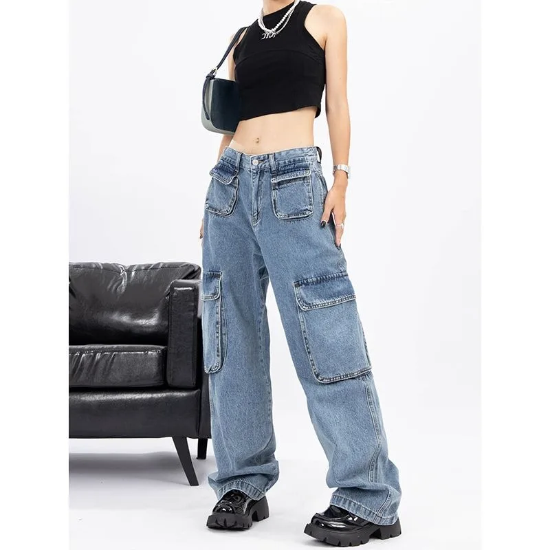 Sexy Large Size Outdoor Open Crotch Sex Retro Workwear Pants with Pocket Boyfriend Jeans Loose Straight Denim Trousers For Women