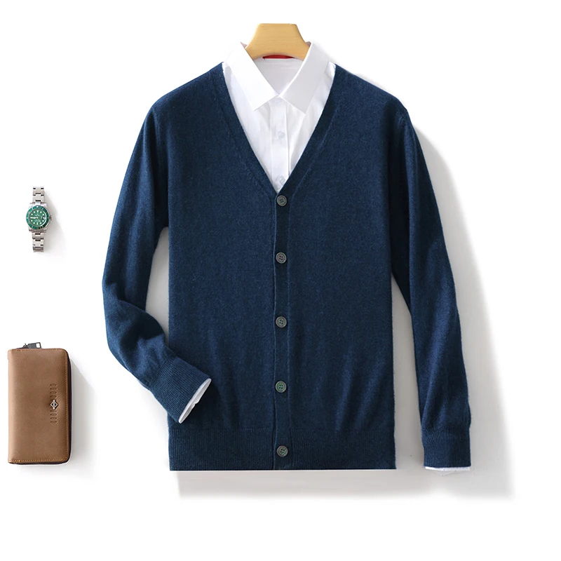 Autumn Winter 100% Pure Cashmere Wool Knit Cardigan Men's Jacket Trend V-neck High-Quality Sweater Loose Warm Men's Coat Tops 4
