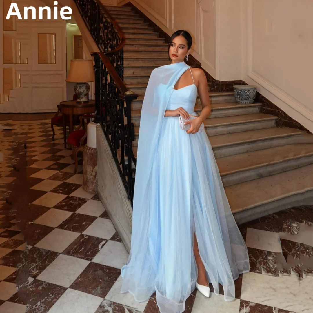 

Exquisite Lady Tulle Prom Dresses Light Blue 2024 Evening Dress Spaghetti Straps Side Slit Wedding Formal Occasions Party Dress