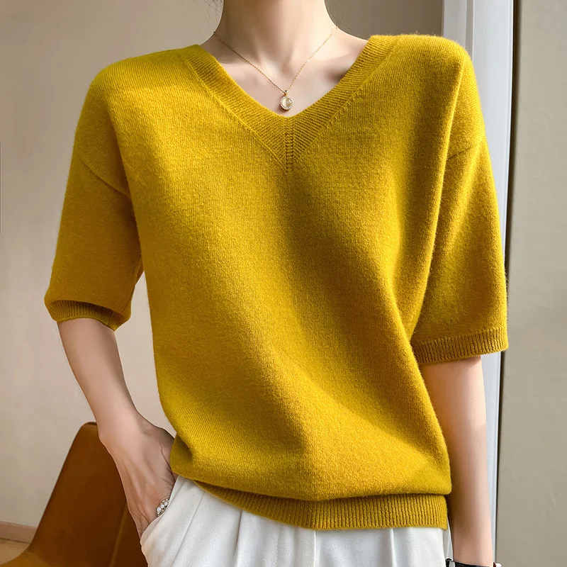 

Worsted 100% Wool Short Sleeve Summer Ladies Thin Vest Cashmere Bottoming Shirt New T-shirt with Loose Tops Versatile Sweaters