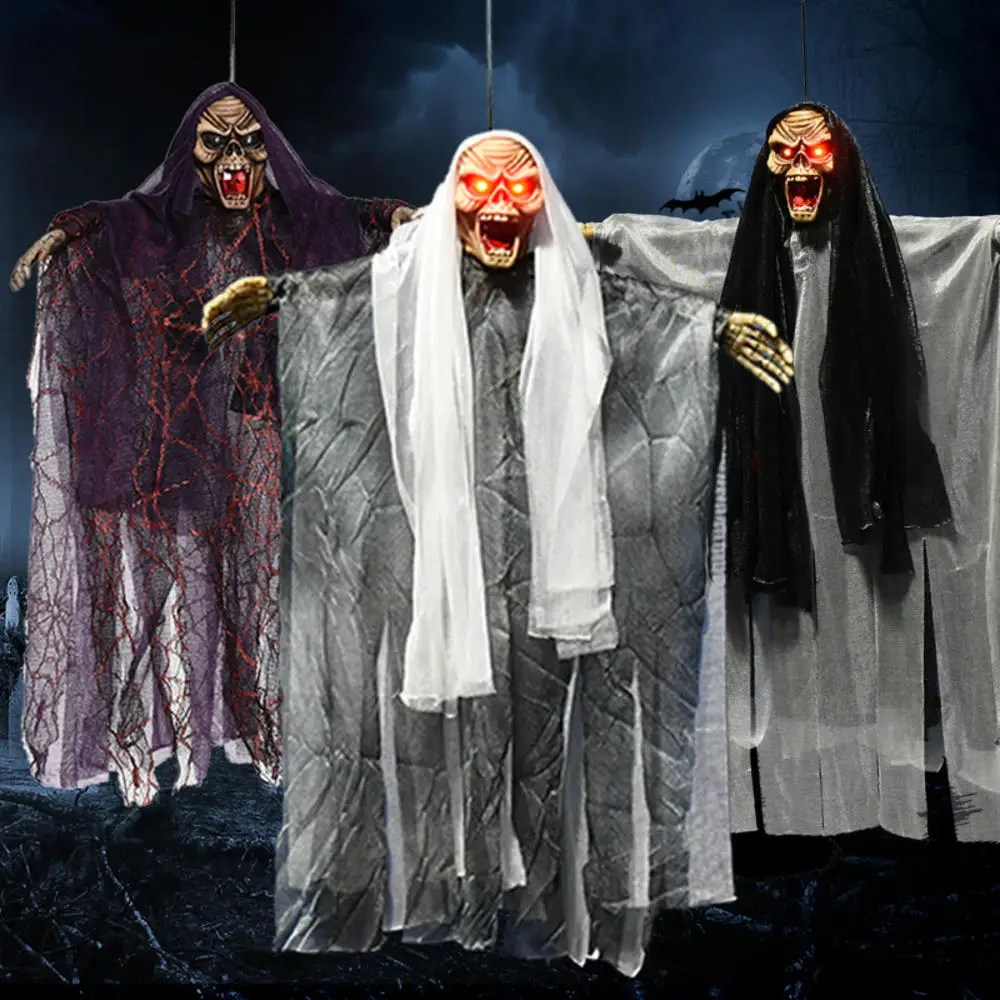

1pcs Large Halloween Hanging Skull Ghost Haunted House Decorations with LED Light Spooky Sound Horror Props