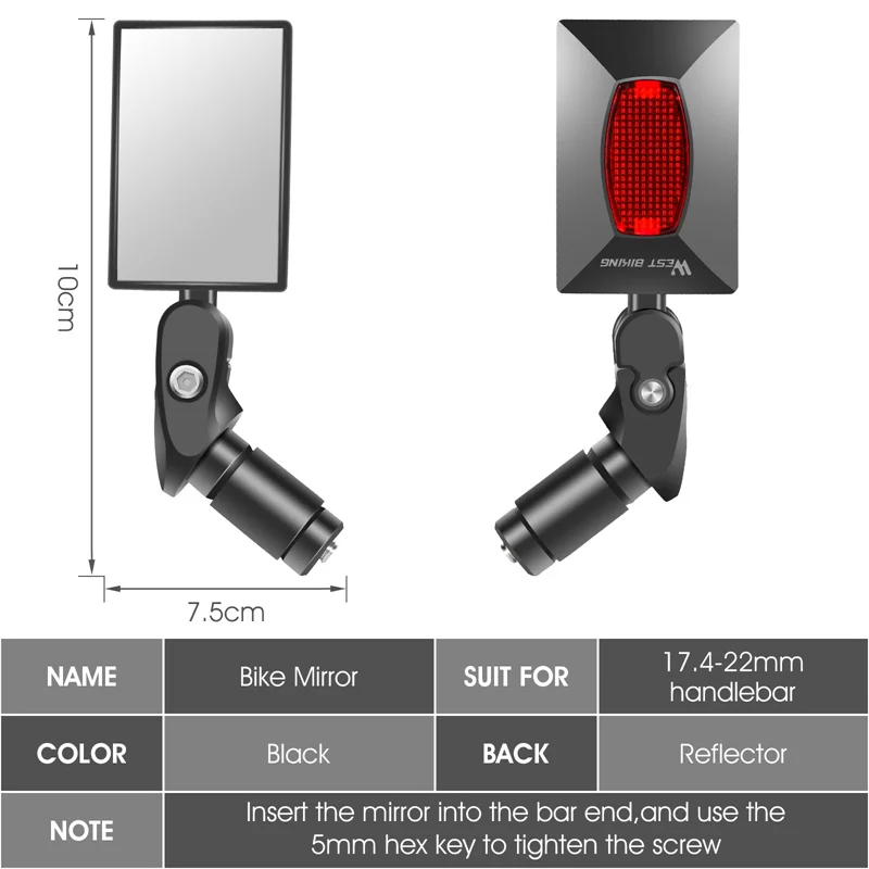 WEST BIKING Bicycle Rearview Handlebar Mirror 360 Rotation Adjustment Bike Reflector Wide Range Back Sight Cycling Accessories